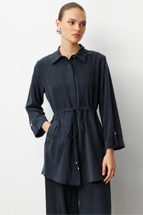 Beli Büzgülü Siyah Cupro Tunik