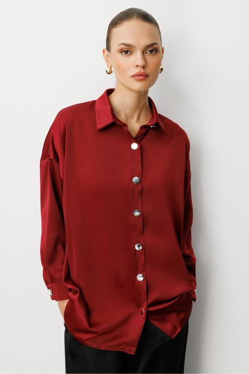 Metal Düğmeli Bordo Saten Tunik Gömlek