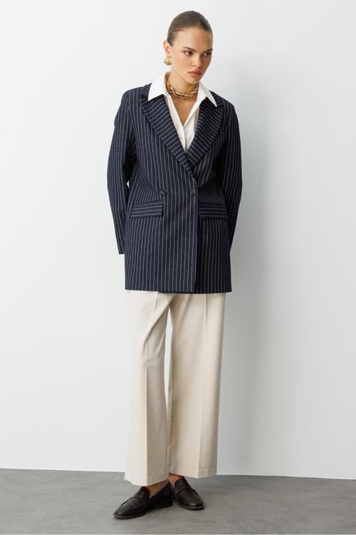 Oversize Lacivert Çizgili Özel Tasarım Kruvaze Ceket