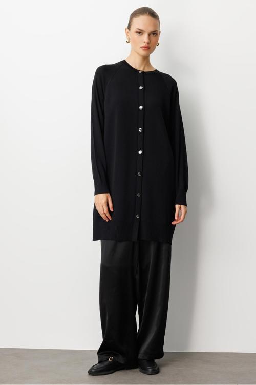 Premium Rayon Uzun Düğmeli Siyah Hırka