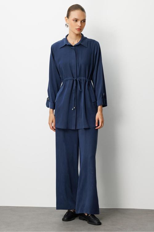 Beli Büzgülü İndigo Mavi Cupro Tunik