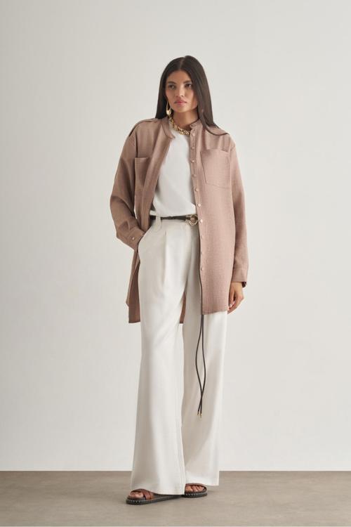 Keten Dokulu Apoletli Bej Rengi Tunik