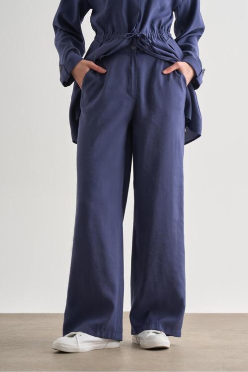 İndigo Mavi Rahat Kesim Geniş Paçalı Modal Pantolon