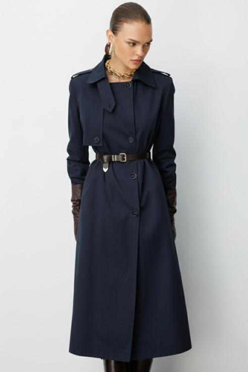 Lacivert Apoletli Klasik Maxi Mac Trençkot
