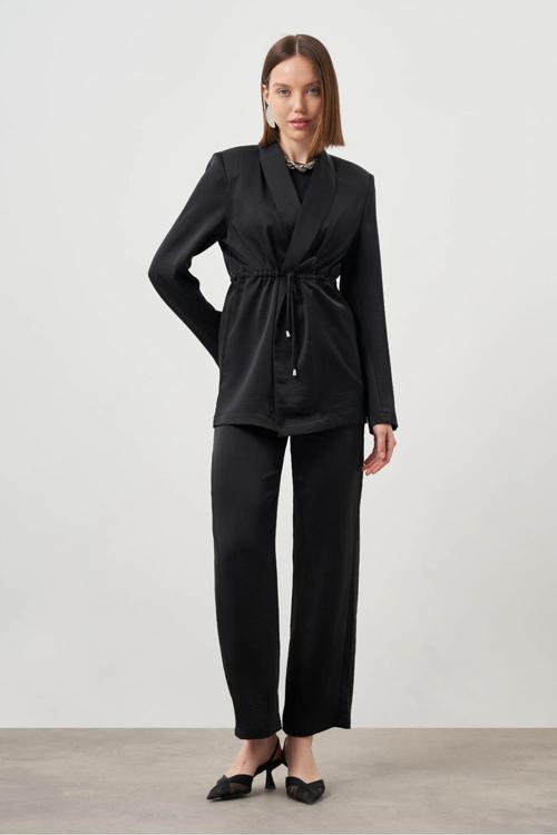 Bol Paça Saten Siyah Pantolon