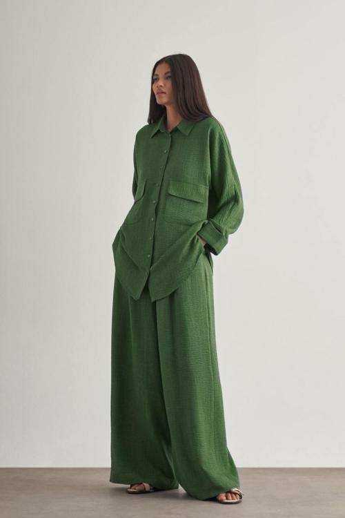 Keten Dokulu Beli Lastikli Haki Bol Kesim Pantolon