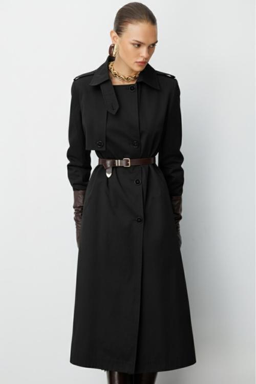 Siyah Apoletli Klasik Maxi Mac Trençkot