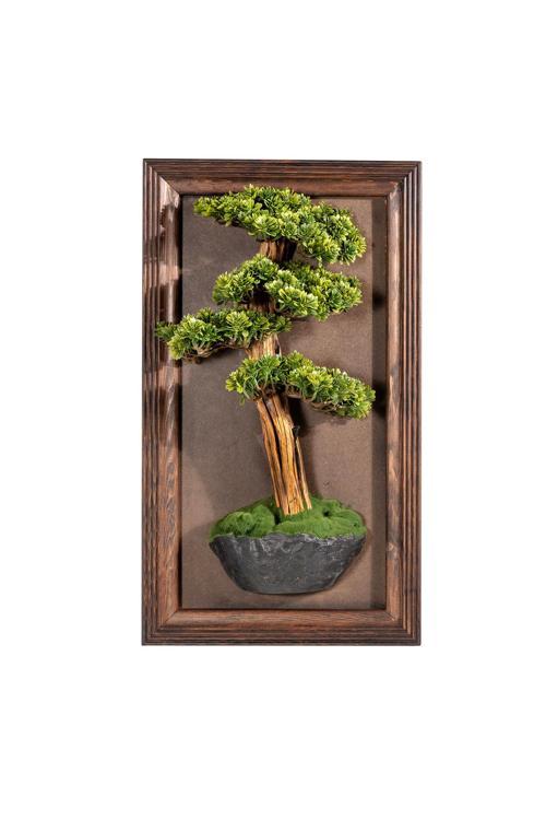 Timber Bonsai Tablaeu - 5 - Masif Ahşap Çerçeveli 3 Boyutlu Yapay Ağaç Tablosu 33X60 Cm
