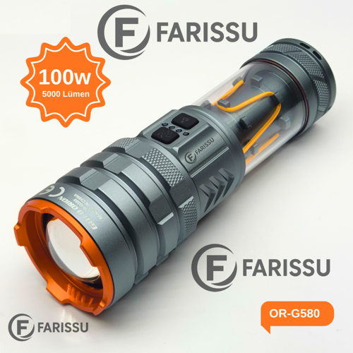 OR-G580: 100W, 5000 Lümen Şarj Edilebilir Çok Fonksiyonlu El Feneri  8800 mAh Powerbank Özellikli