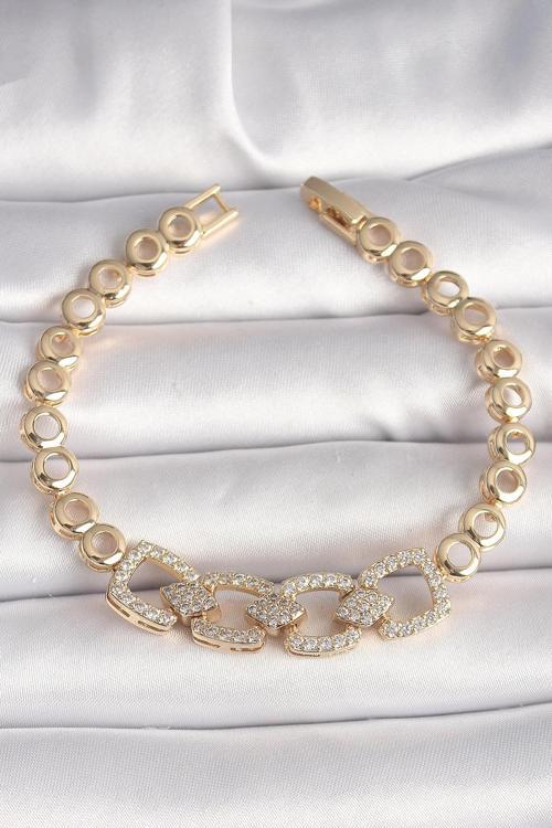 Pirinç Gold Renk Zirkon Taşlı Daire Zincir Model Kadın Bileklik