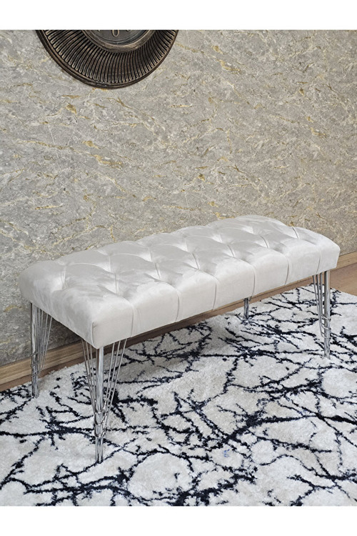 Krom Tel Ayaklı 90 cm Puf Bench - Puf - Bench - Kasalı Oturak - Oturak - Yatak Ucu Puf Krem Renk 90 x 40 Boyut/Ebat
