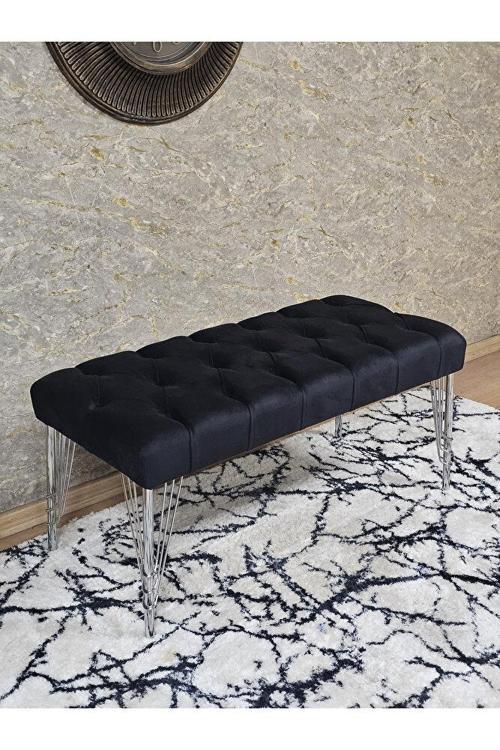Krom Tel Ayaklı 90 cm Puf Bench - Puf - Bench - Kasalı Oturak - Oturak - Yatak Ucu Puf Siyah Renk 90 x 40 Boyut/Ebat