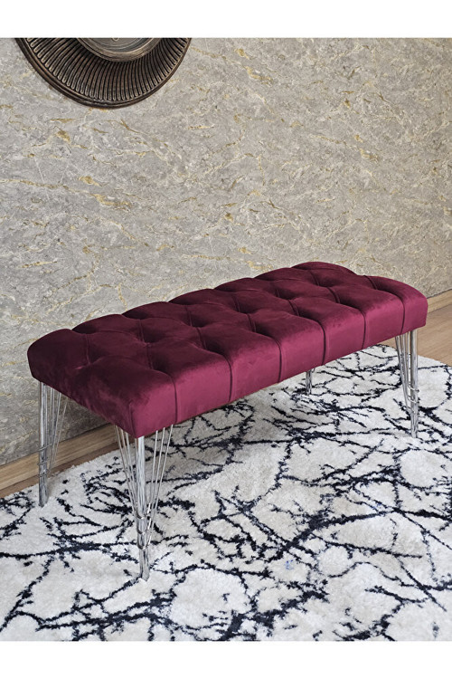 Krom Tel Ayaklı 90 cm Puf Bench - Puf - Bench - Kasalı Oturak - Oturak - Yatak Ucu Puf Bordo Renk 90 x 40 Boyut/Ebat