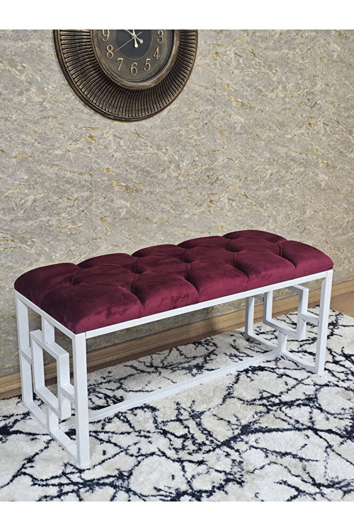 Beyaz Boyalı İçi Kareli Diktörtgen 100 cm x 40 cm Oturak Puf - Bench - Makyaj Oturağı - Oturak Bordo Renk 100 x 40 Boyut/Ebat