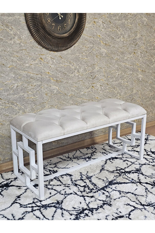 Beyaz Boyalı İçi Kareli Diktörtgen 100 cm x 40 cm Oturak Puf - Bench - Makyaj Oturağı - Oturak Krem Renk 100 x 40 Boyut/Ebat