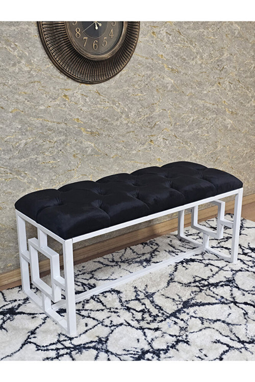 Beyaz Boyalı İçi Kareli Diktörtgen 100 cm x 40 cm Oturak Puf - Bench - Makyaj Oturağı - Oturak Siyah Renk 100 x 40 Boyut/Ebat