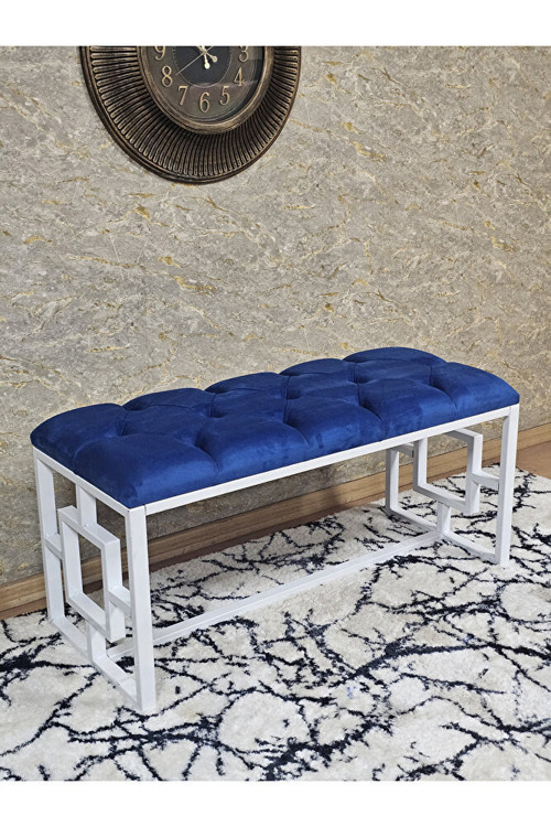 Beyaz Boyalı İçi Kareli Diktörtgen 100 cm x 40 cm Oturak Puf - Bench - Makyaj Oturağı - Oturak Mavi Renk 100 x 40 Boyut/Ebat