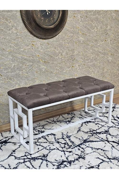 Beyaz Boyalı İçi Kareli Diktörtgen 100 cm x 40 cm Oturak Puf - Bench - Makyaj Oturağı - Oturak Kahverengi Renk 100 x 40 Boyut/Ebat