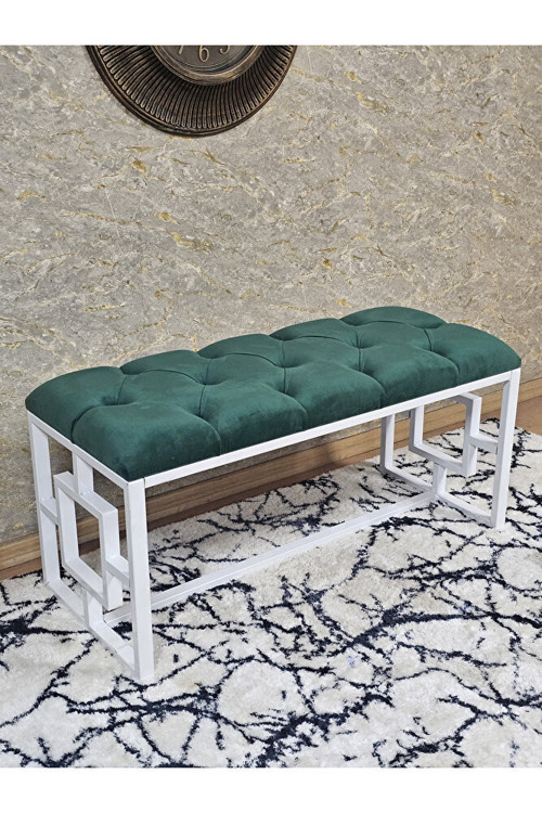 Beyaz Boyalı İçi Kareli Diktörtgen 100 cm x 40 cm Oturak Puf - Bench - Makyaj Oturağı - Oturak Yeşil Renk 100 x 40 Boyut/Ebat