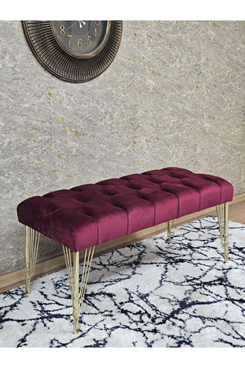 Gold Tel Ayaklı 90 cm Puf Bench - Puf - Bench - Kasalı Oturak - Oturak - Yatak Ucu Puf Bordo Renk 90 x 40 Boyut/Ebat