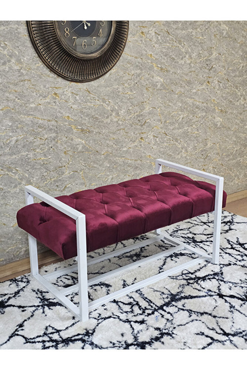 Beyaz Boyalı Metal 80 cm Puf Bench - Antre Puf - Hol Bench - Puf - Oturak - Bench Bordo Renk 90 x 45 Boyut/Ebat