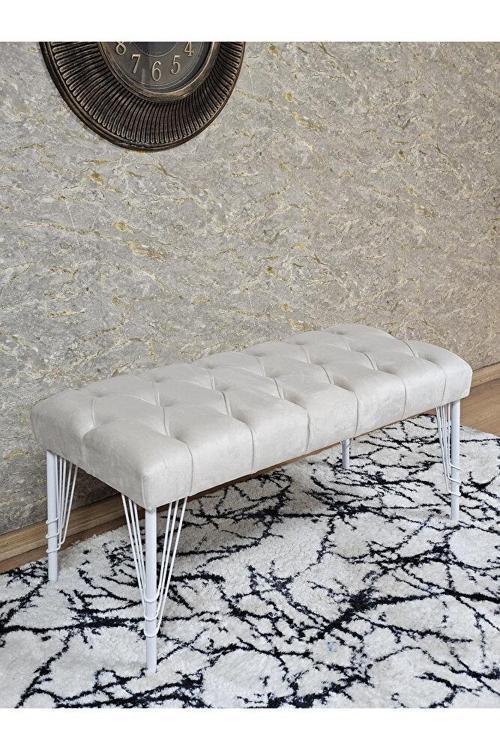 Beyaz Boyalı Tel Ayaklı 90 cm Puf Bench - Puf - Bench - Kasalı Oturak - Oturak - Yatak Ucu Puf Krem Renk 90 x 41 Boyut/Ebat