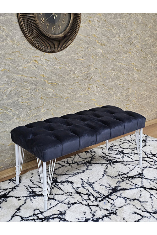 Beyaz Boyalı Tel Ayaklı 90 cm Puf Bench - Puf - Bench - Kasalı Oturak - Oturak - Yatak Ucu Puf Füme Renk 90 x 41 Boyut/Ebat