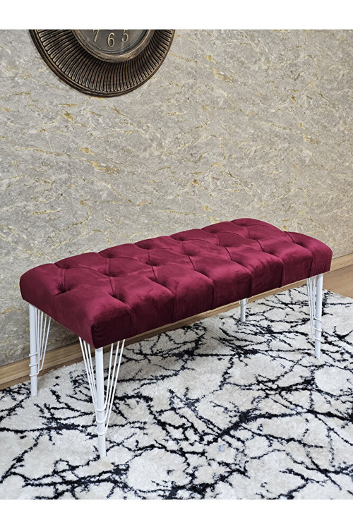 Beyaz Boyalı Tel Ayaklı 90 cm Puf Bench - Puf - Bench - Kasalı Oturak - Oturak - Yatak Ucu Puf Bordo Renk 90 x 41 Boyut/Ebat