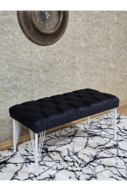 Beyaz Boyalı Tel Ayaklı 90 cm Puf Bench - Puf - Bench - Kasalı Oturak - Oturak - Yatak Ucu Puf Siyah Renk 90 x 41 Boyut/Ebat