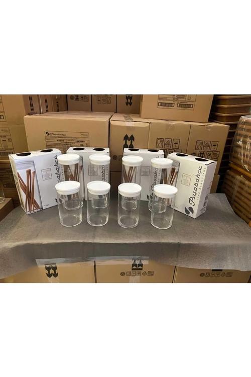 Vakumlu Cam Kavanoz - Cam Erzak Saklama Kabı 8 Li 2 Boy Beyaz