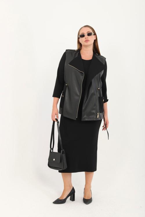 Gold Fermuar Detaylı Deri Yelek Takımı