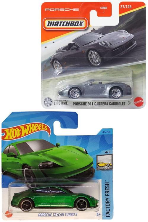 2 Araç Set - Hot Wheels Porsche Taycan Turbo S - Yeşil & Matchbox Porsche 911 Carrera Cabriolet - Gri