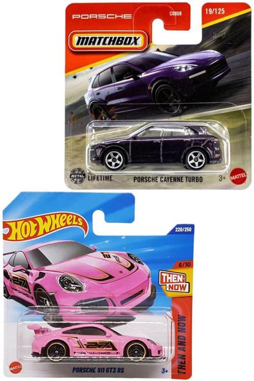  2 Araç Set - Hot Wheels - Porsche 911 GT3 RS - Pembe & Matchbox Porsche Cayenne Turbo - Mor (1/64)