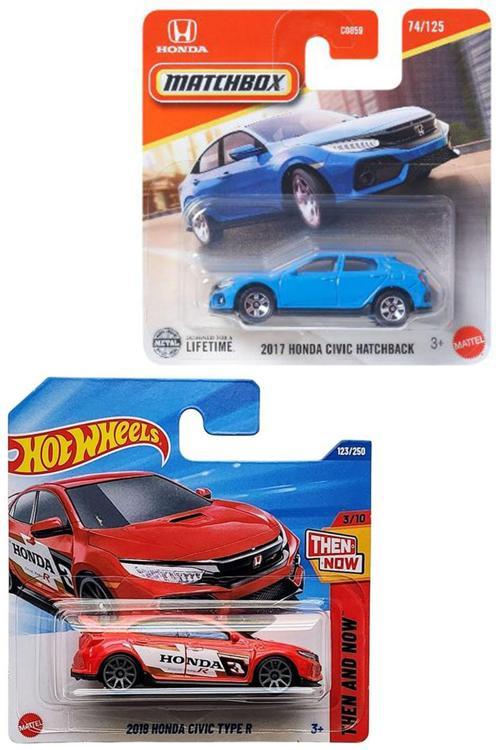 2 Araç Set - Hot Wheels 2018 Honda Civic Type R - Kırmızı & Matchbox 2017 Honda Civic Hatchback - Mavi (1/64)