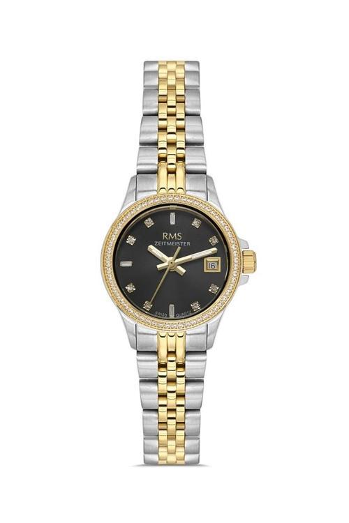 Rms Zeitmeister RMS.1.AG1604.08 Taşlı Tasarım Safir Cam Çelik Kordon Çelik Kasa 5 ATM Suya Dayanıklı Metalik-Altın Renk 