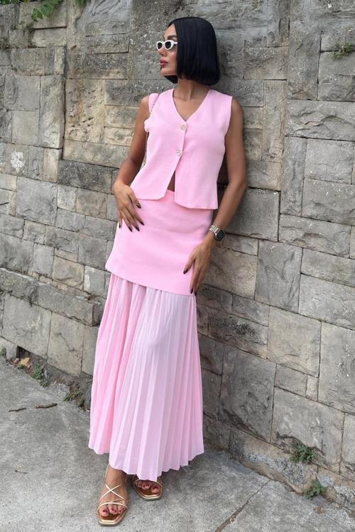 Yelekli Ve Pilise Etekli Triko Takım -PEMBE