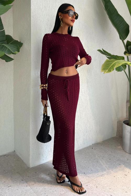 Macey Kroşe Crop Takım -BORDO