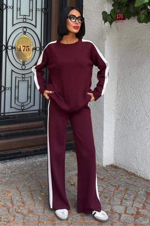 Kenarları Çizgili Rahat Triko Takım -BORDO