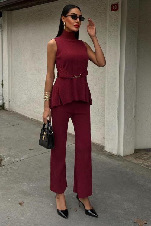 Rose Dik Yaka Fitilli Takım -BORDO