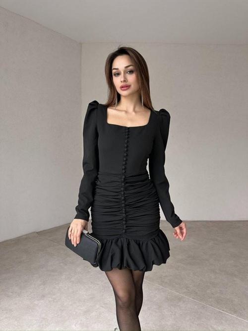 Kare Yaka Önü Düğme Detaylı Drapeli Etek Ucu Fırfırlı Stayle Bordo Mini Elbise 
