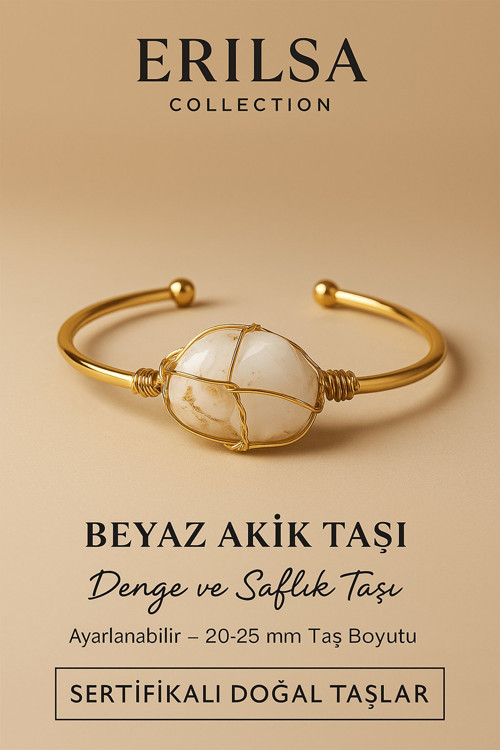 Sertifikalı Doğal Beyaz Akik Taşı Ayarlanabilir 24K Altın Kaplama Bileklik 20-25 mm