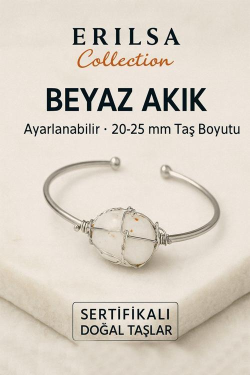 Sertifikalı Doğal Beyaz Akik Taşı Gümüş Kaplama Ayarlanabilir Bileklik – Saflık ve Denge