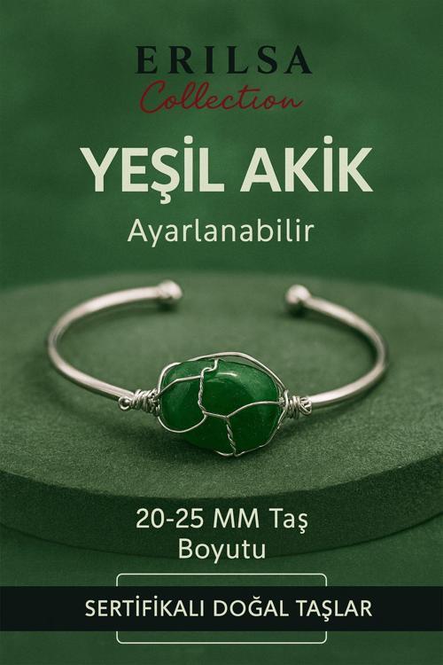Sertifikalı Doğal Yeşil Akik Taşı Gümüş Kaplama Ayarlanabilir Bileklik – Şifa ve Huzur Taşı