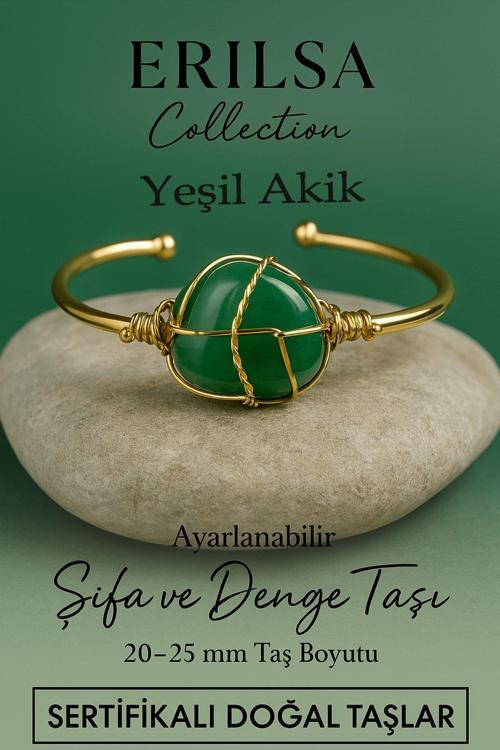 Sertifikalı Doğal Yeşil Akik Taşı Ayarlanabilir 24K Altın Kaplama Bileklik 20-25 mm