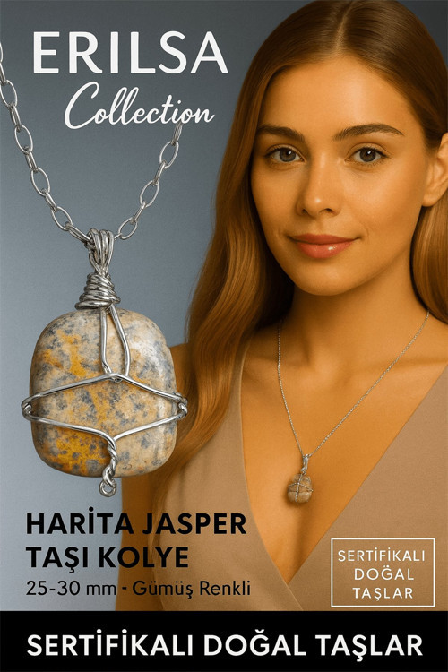 Sertifikalı Gümüş Tel Sargılı Doğal Harita Jasper (Kahverengi Jasper) Kolye – 30-35 mm Denge ve Güç Taşı