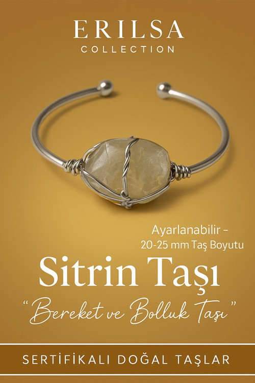 Sertifikalı Doğal Sitrin Taşı Gümüş Kaplama Ayarlanabilir Bileklik – Bereket ve Bolluk Taşı