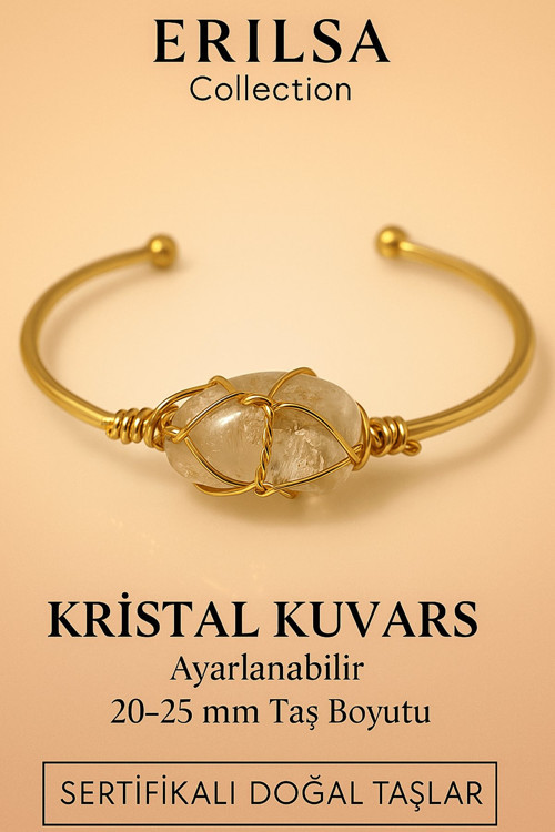 Sertifikalı Doğal Kristal Kuvars Taşı Ayarlanabilir 24K Altın Kaplama Bileklik 20-25 mm