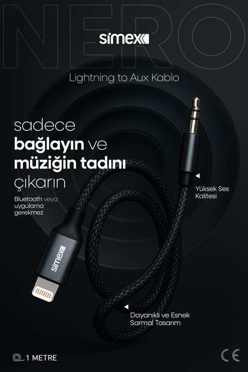 Iphone Lightning To 3.5mm Kumaş Aux Ses Kablosu Stereo Destekli 1.1m Nero