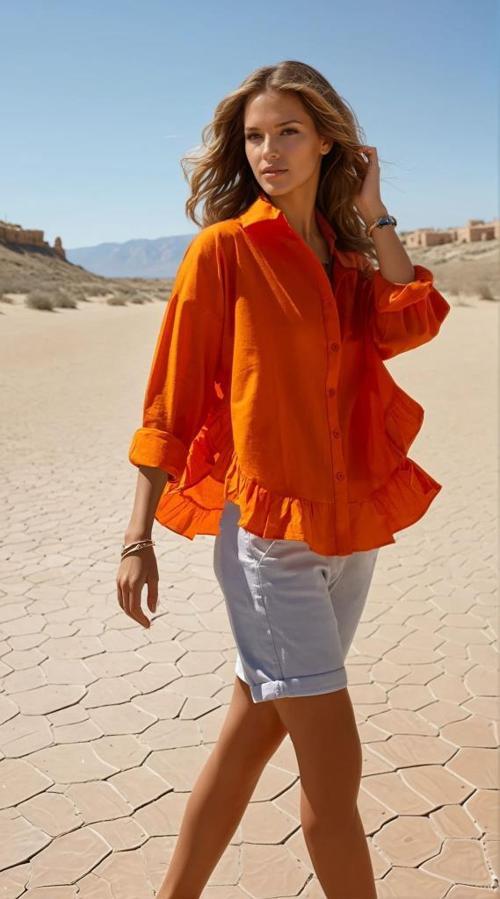 Kadın %100 Pamuk Flam Vual Kumaş  Uzun Kol Eteği Fırfırlı Salaş Gömlek 3570260