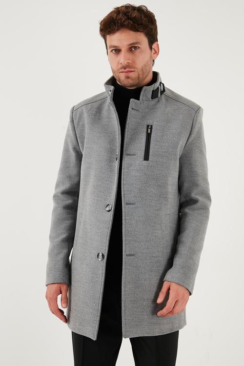 Slim Fit Düğmeli Dik Yaka Kaşe Erkek Kaban 5840099 GRİ
